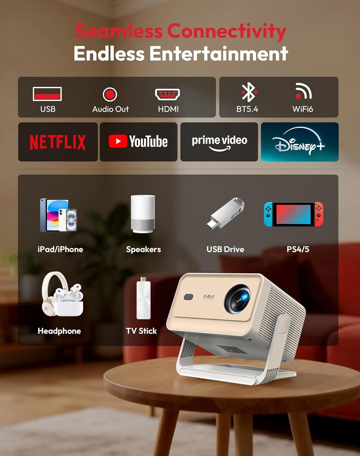 700ANSI 1080P Smart Projector Netflix WiFi6 Bluetooth Auto Keystone