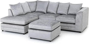 L Shaped Corner Sofa 4 Seater with Footstool – Crushed Velvet Silver Left