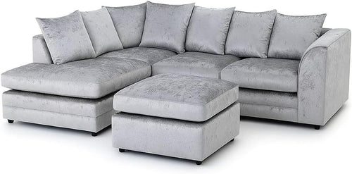 L Shaped Corner Sofa 4 Seater with Footstool – Crushed Velvet Silver Left