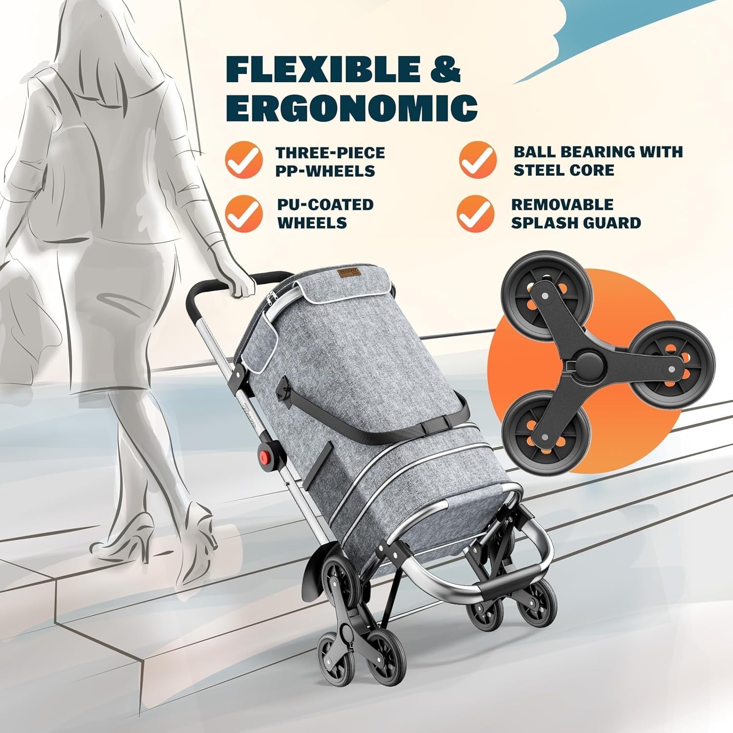 3in1 Foldable Stair Climber Shopping Trolley 56L 50kg w/ Cooler Grey