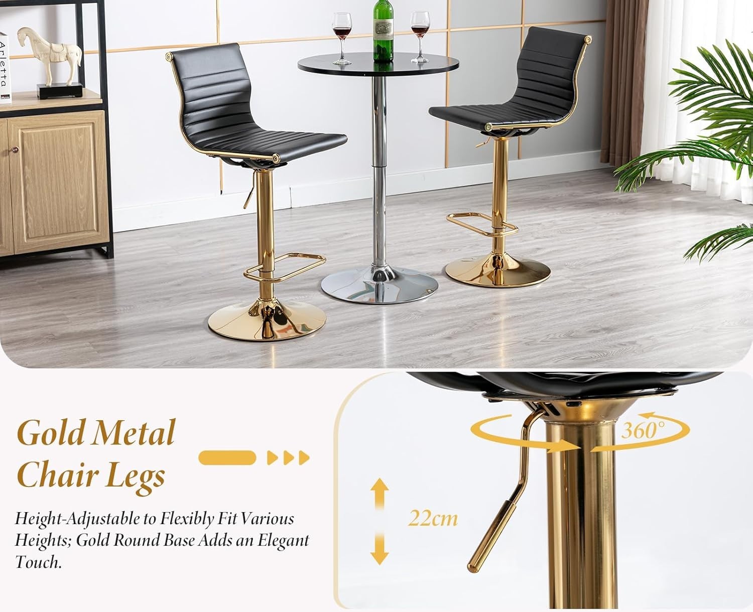 Adjustable Black PU Leather Bar Stools Set of 2 Swivel Kitchen Counter
