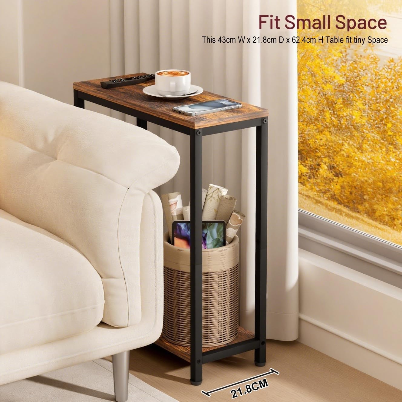 Slim 2-Tier Side Table Narrow End Table for Small Spaces with Wood Shelves
