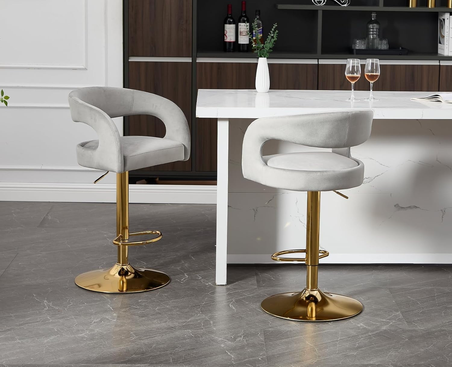 Adjustable Gray Velvet Bar Stools Set of 2 Swivel Kitchen Counter
