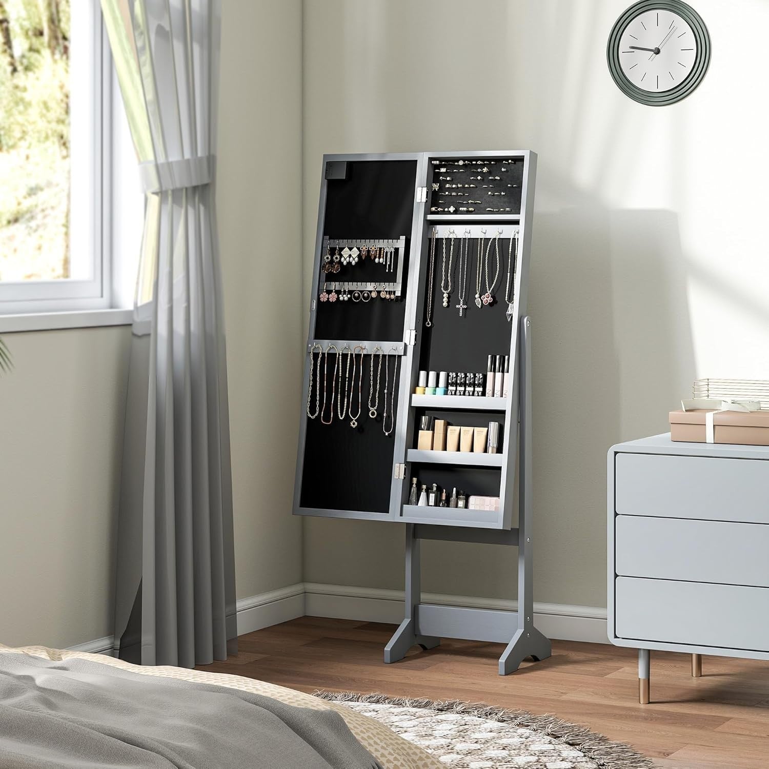 Freestanding Jewelry Cabinet Mirror Lockable LED Light Storage Organizer Gray
