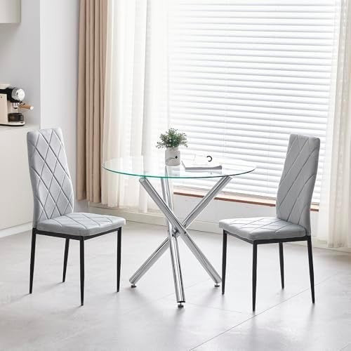 Round Glass Dining Table Set with 2 Grey Velvet Chairs for Small Spaces