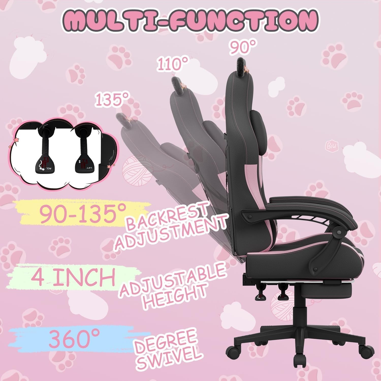 Cute Gaming Chair Cat Ears Massage Footrest Pink Black
