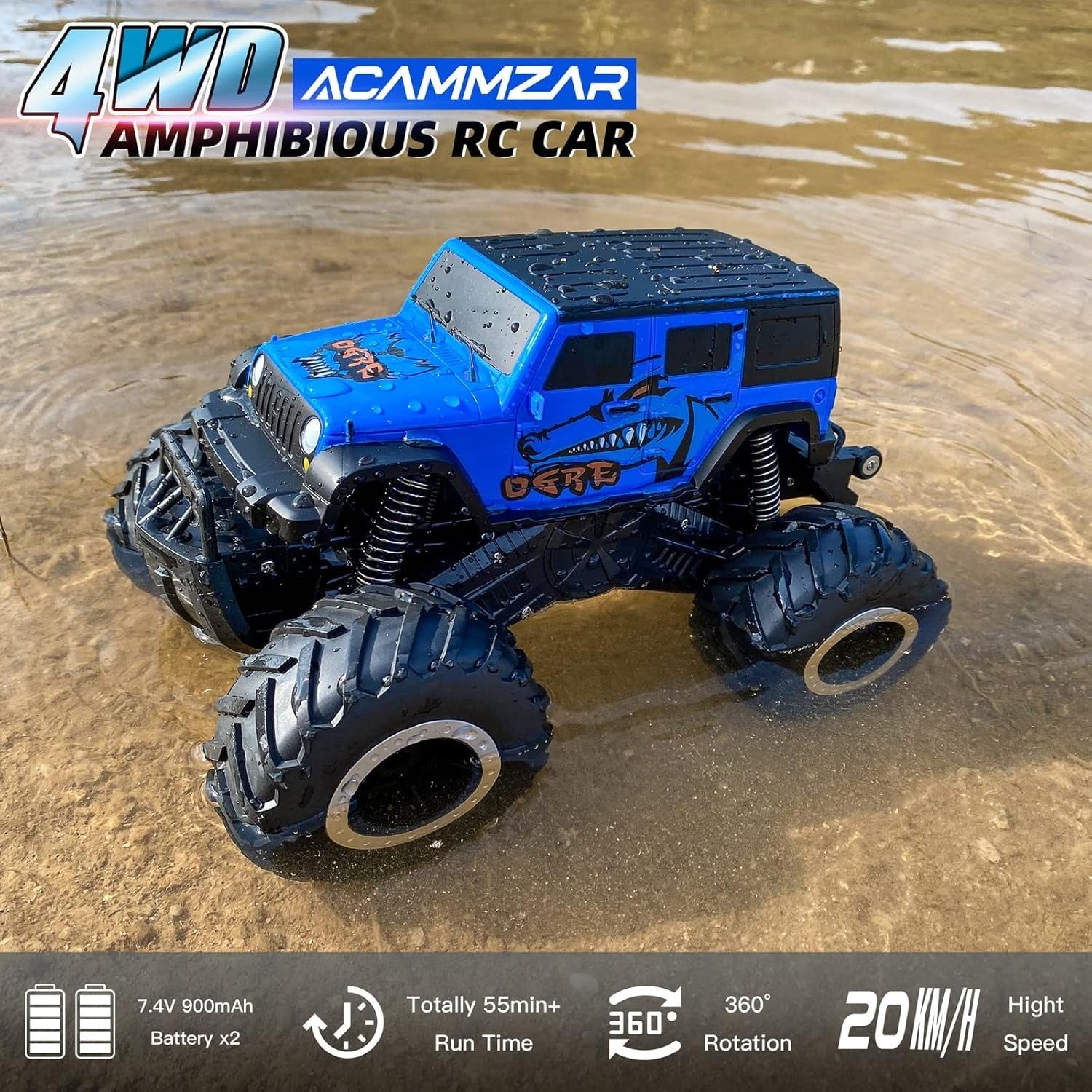Amphibious 4WD RC Monster Truck Car Kids | 360° Flip, Waterproof, 1:16, 20km/h