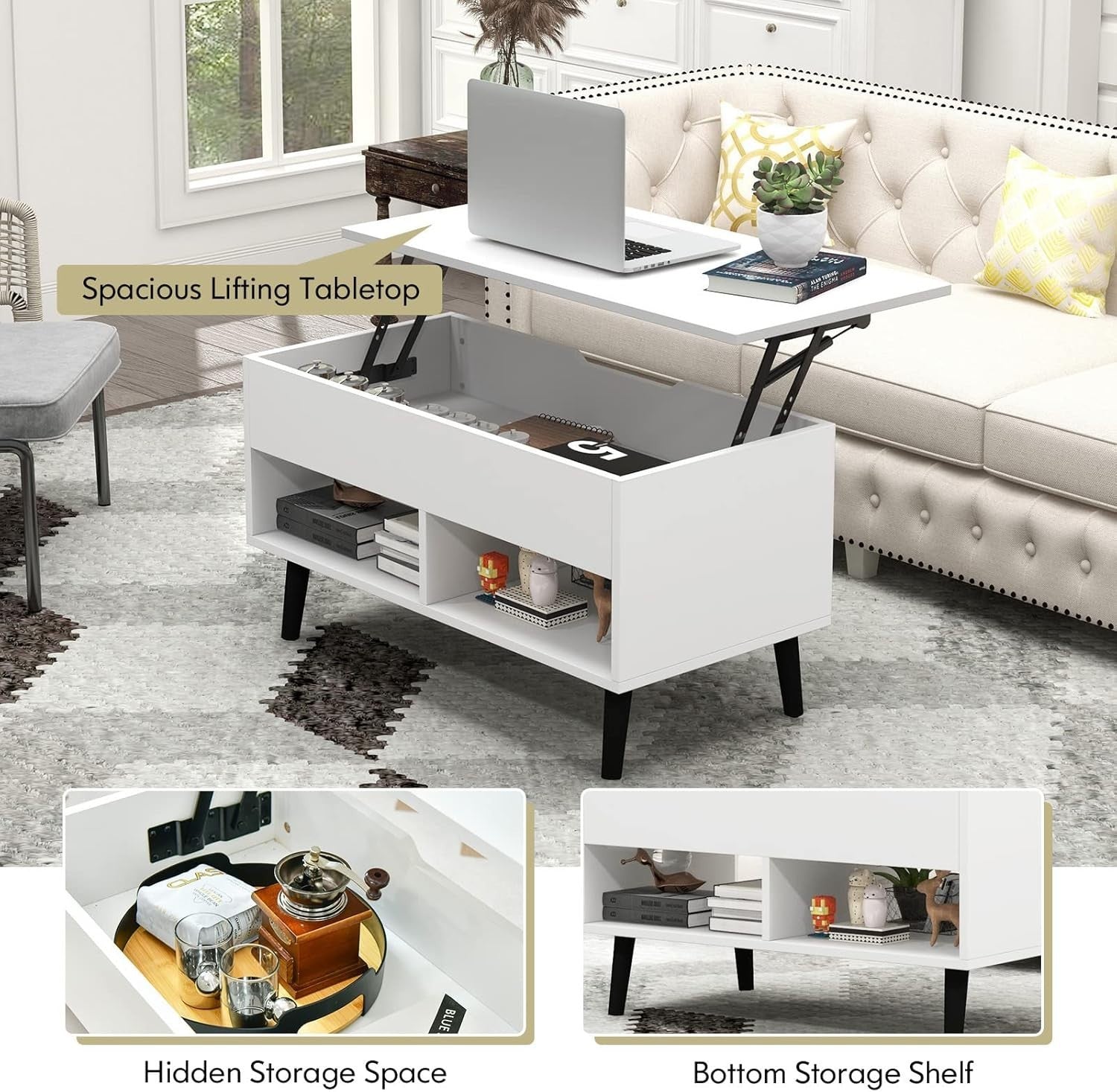 White Lift Top Coffee Table with Storage Shelf – Adjustable, 80cm Modern