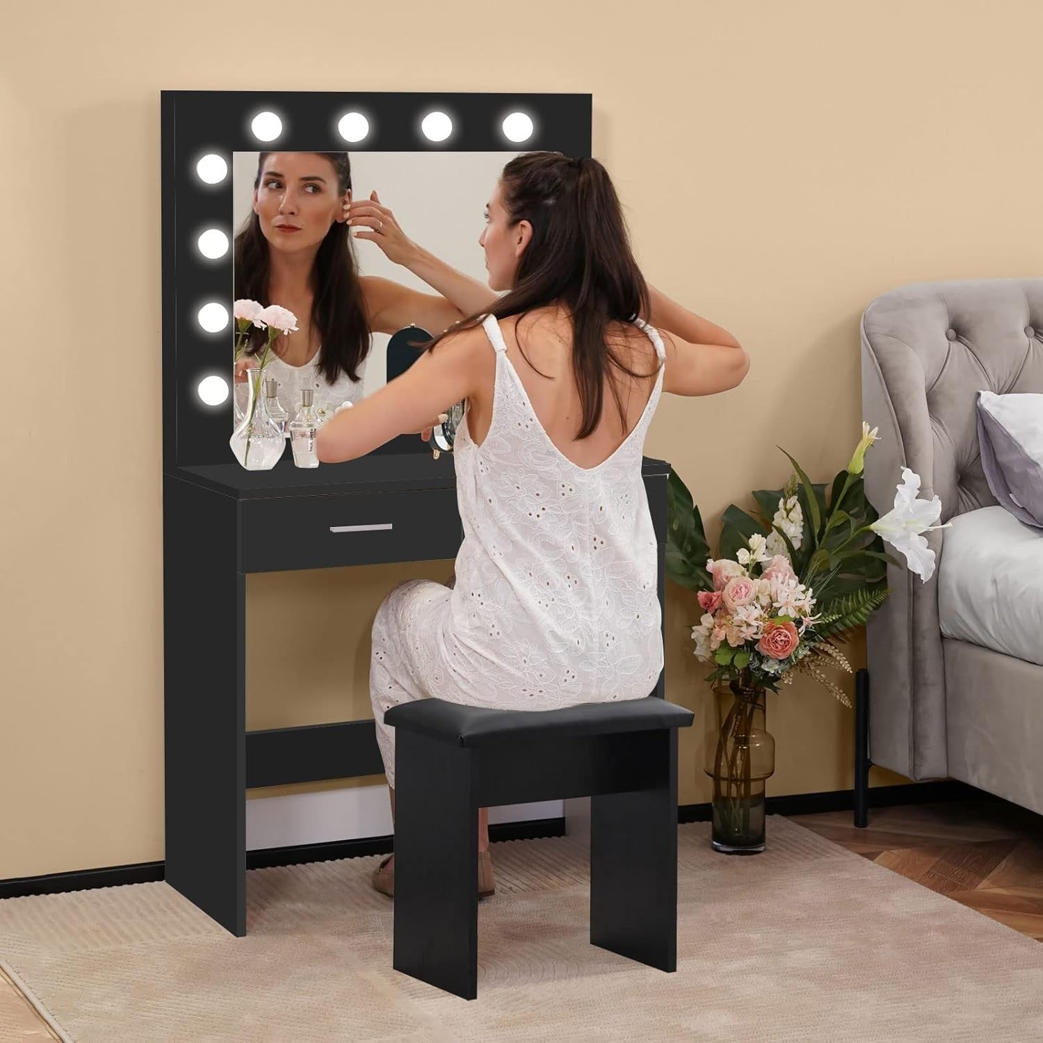 Black Dressing Table Vanity LED Hollywood Mirror Stool Storage Drawers Desk