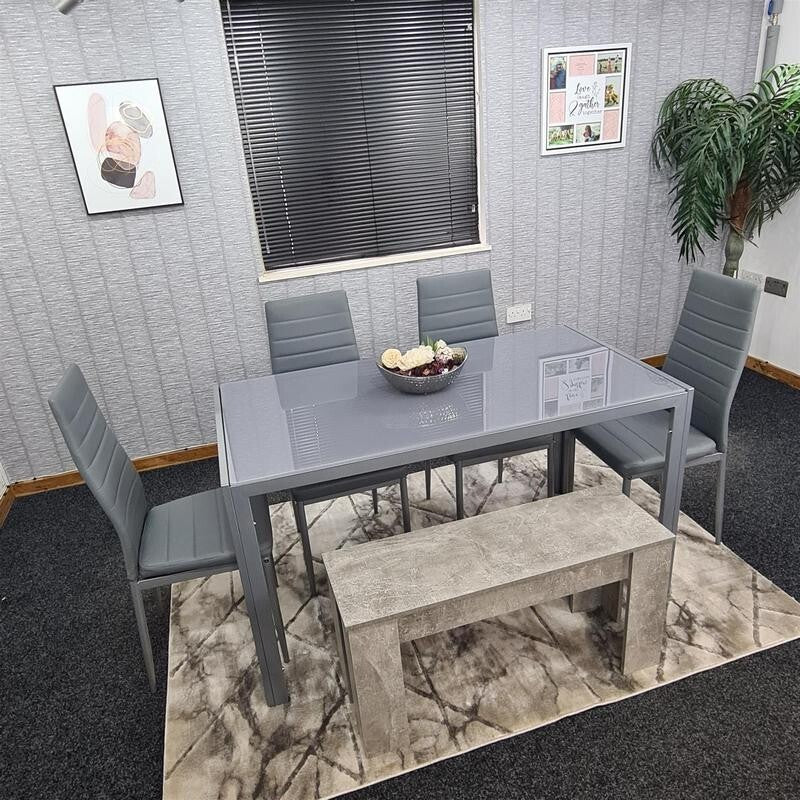 Grey Glass Dining Table Set 6 Seater with 4 Chairs & Bench for Kitchen