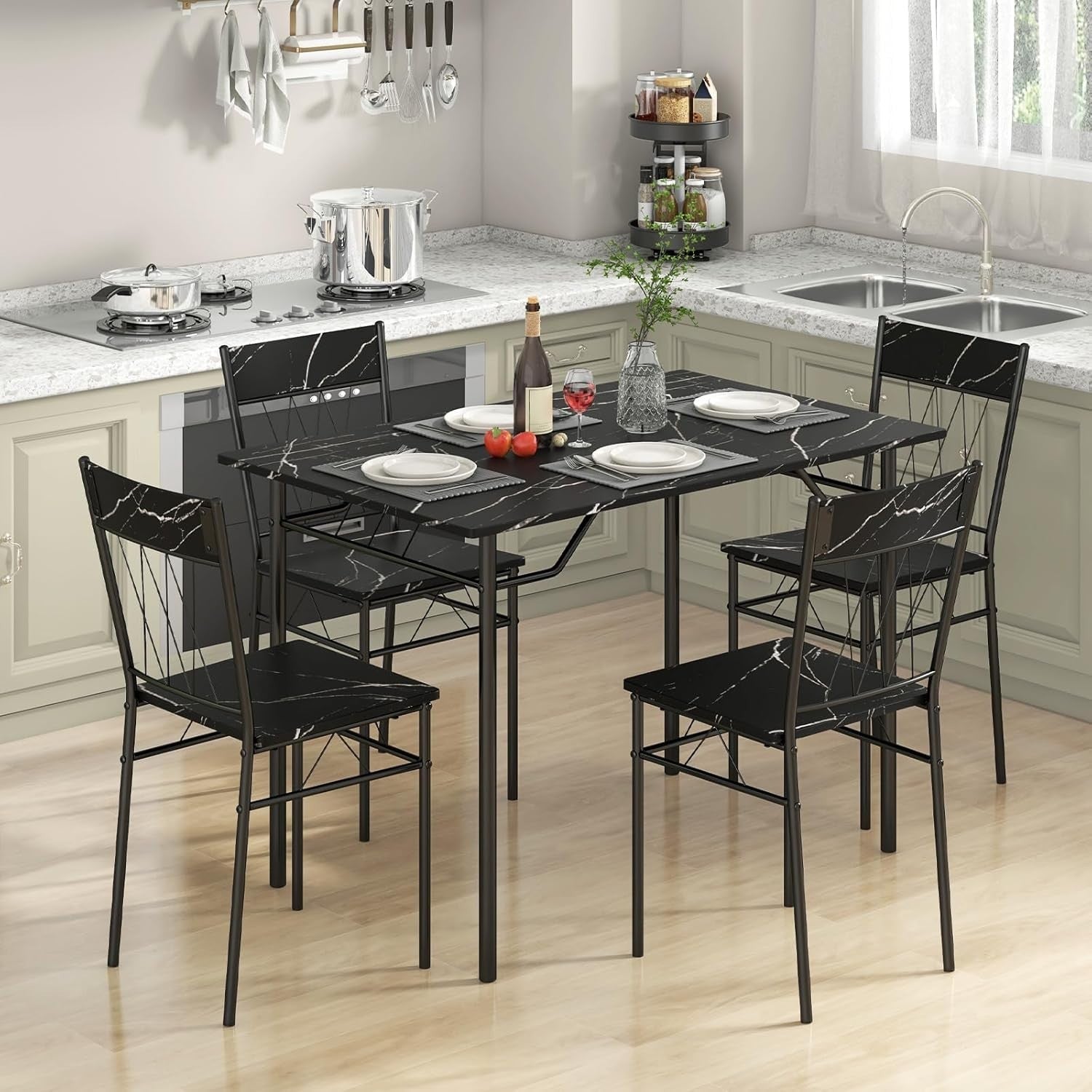 Black Marble Dining Table Set with 4 Chairs | Compact Kitchen & Living