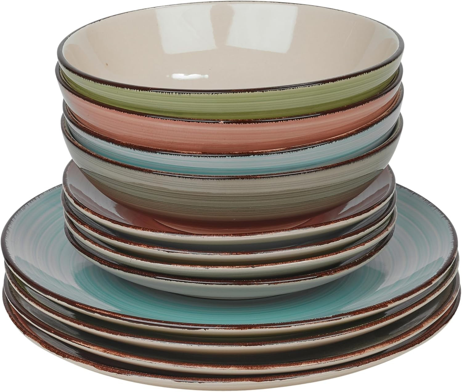 24 Piece Stoneware Dinnerware Set Plates Bowls Assorted Colours Dishwasher Safe
