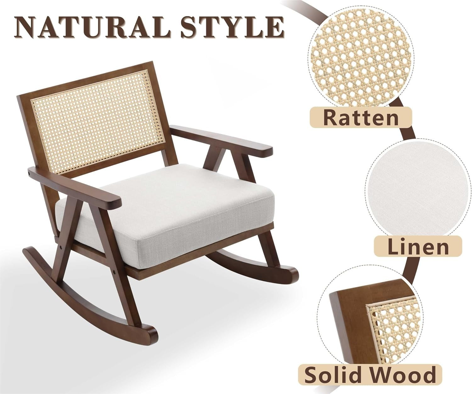 Comfortable Upholstered Rocking Chair with Rattan Back & Solid Wood Legs
