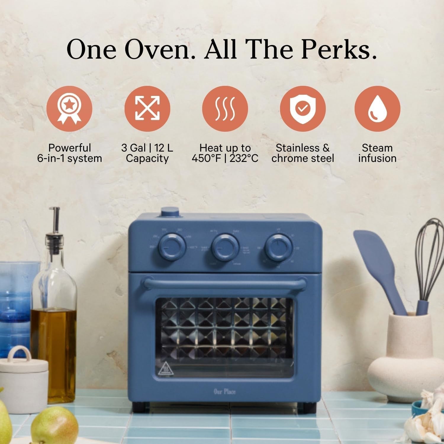 6-in-1 Air Fryer Toaster Oven Compact Steam Infusion Fast Preheat 12L Blue