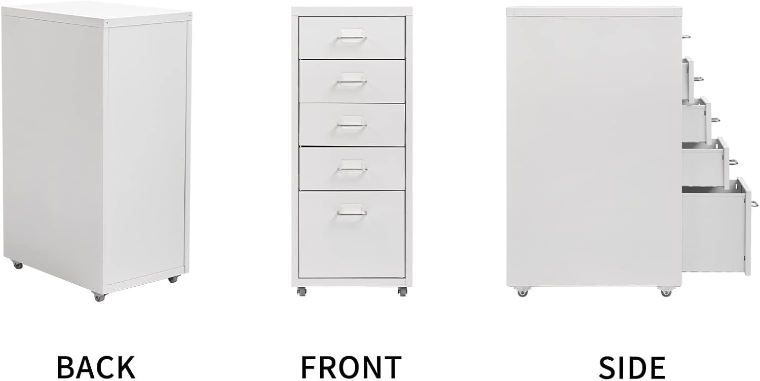 Slim White Metal Rolling Cabinet 5 Drawer Mobile File Storage