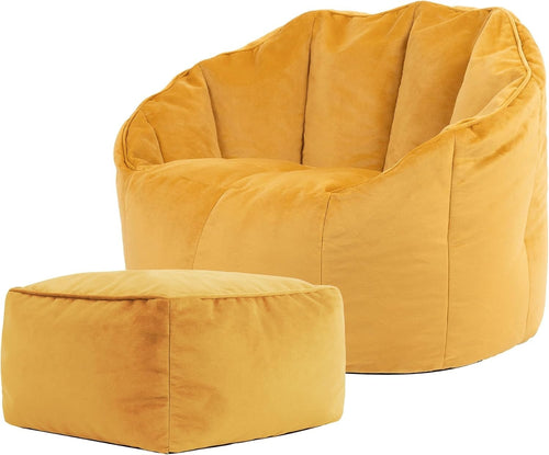 Yellow Velvet Bean Bag Chair with Footstool Adult Lounge Seat Set UK
