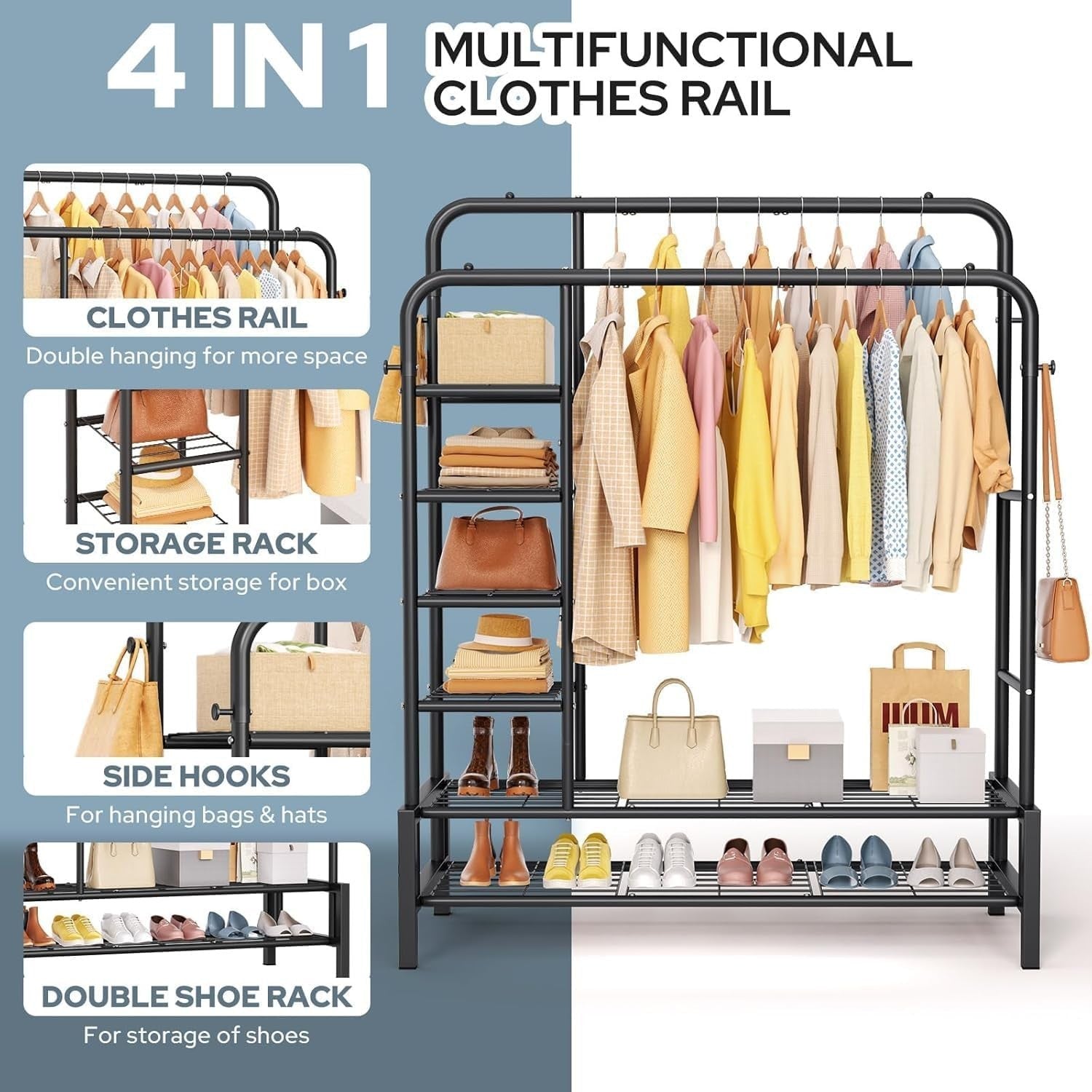 Heavy Duty Clothes Rail Double Rods Shelves Shoe Rack Black