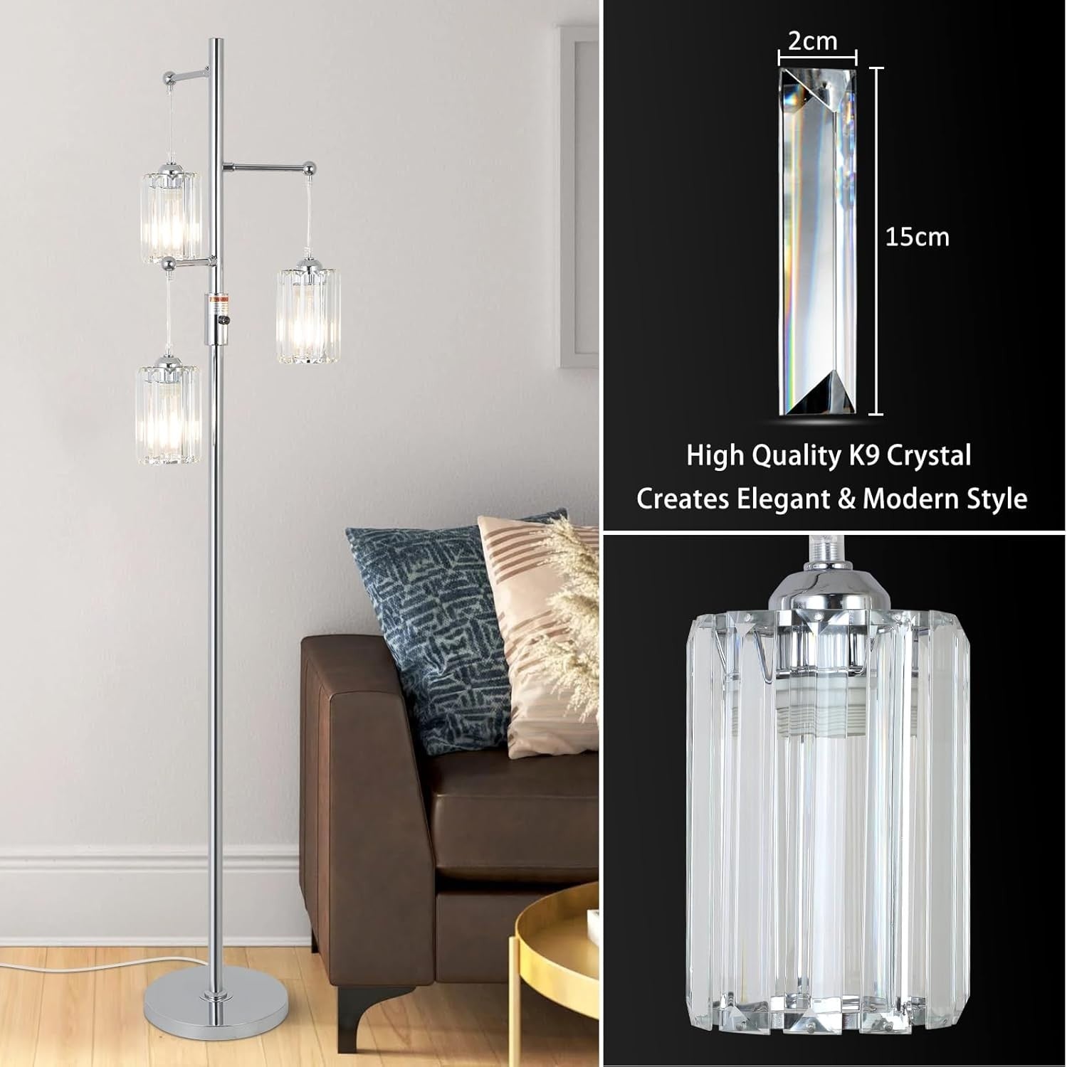 Dimmable 3-Light Floor Lamp Chrome Crystal Shades LED Compatible Tall Lamp