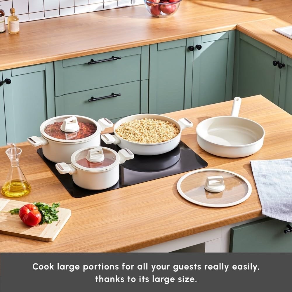 7Pcs White Ceramic Induction Cookware Set with Lids, Non Stick, Dishwasher Safe