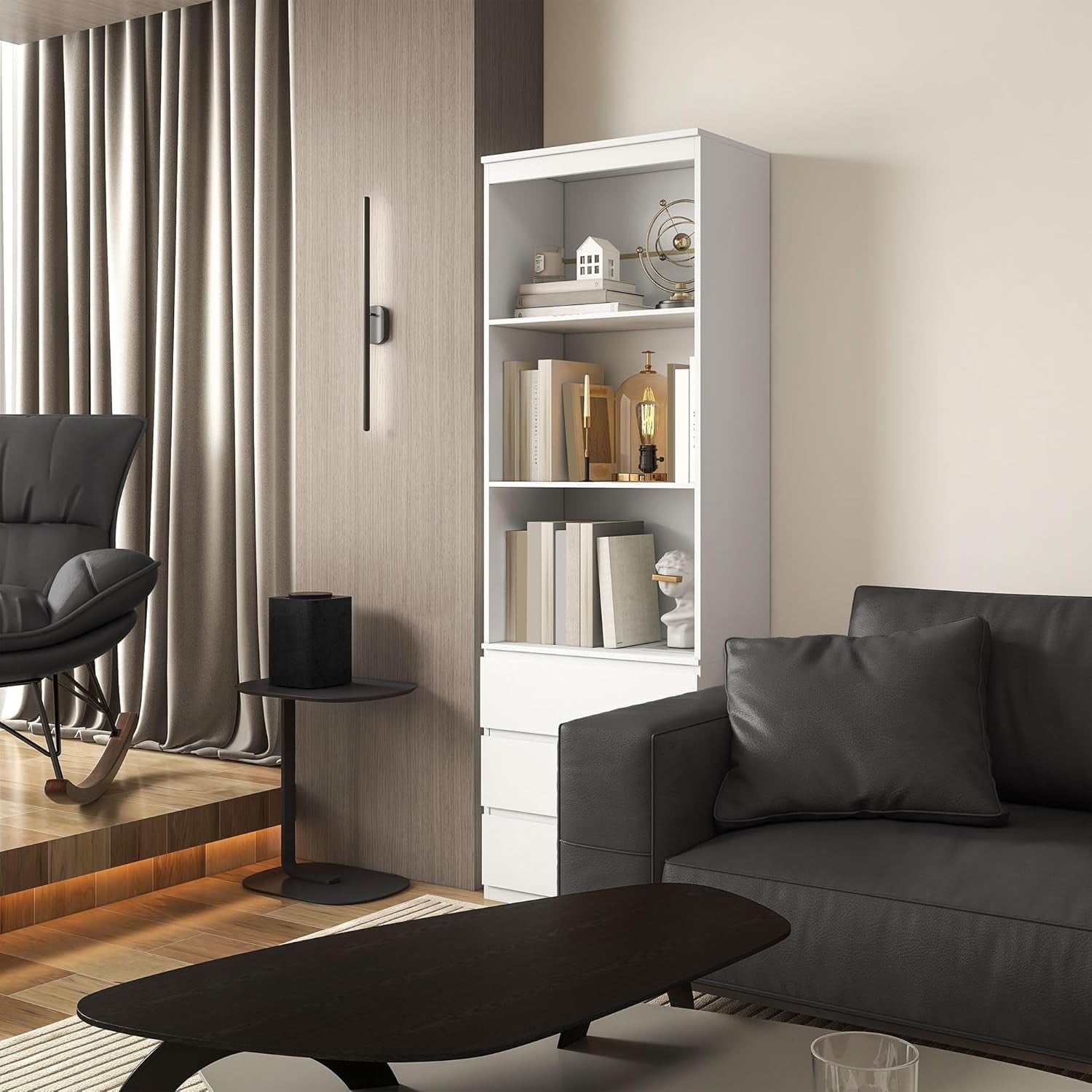 Tall White 180cm Bookcase with Drawers Modern Slim Storage Shelf Display Unit