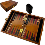 Deluxe Wooden Backgammon Set 30cm Lacquered Board with Leather Dice Cup