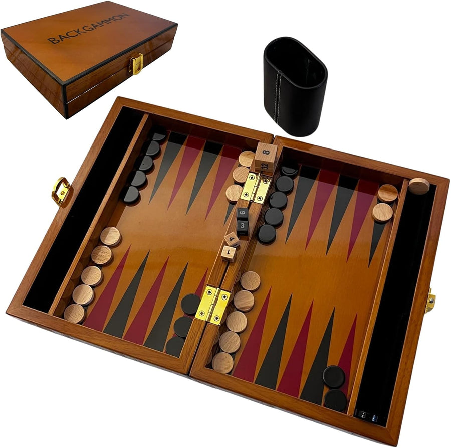 Deluxe Wooden Backgammon Set 30cm Lacquered Board with Leather Dice Cup