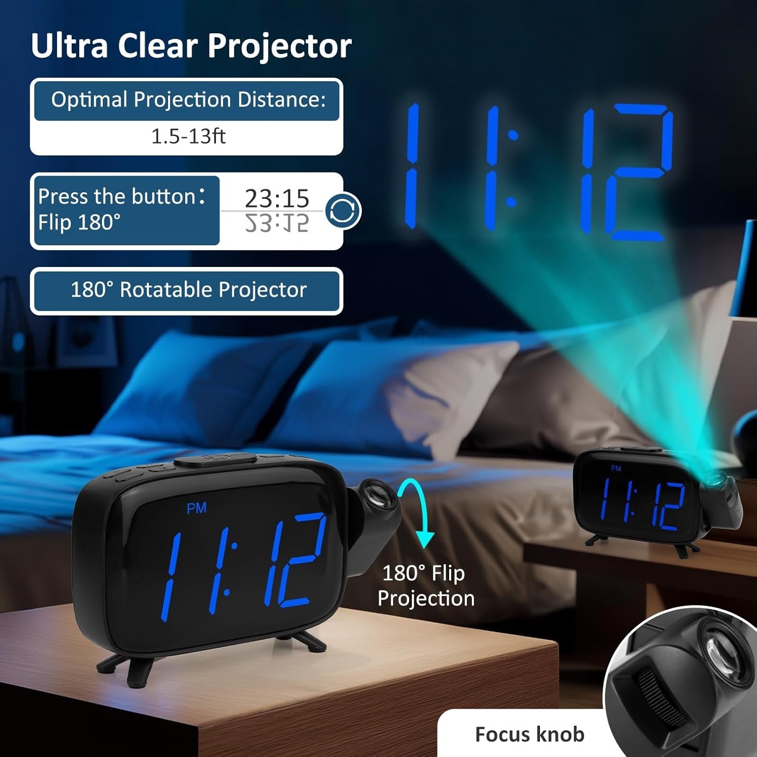 Projection Alarm Clock Large LED USB Charger Dual Alarm Snooze Dimmer