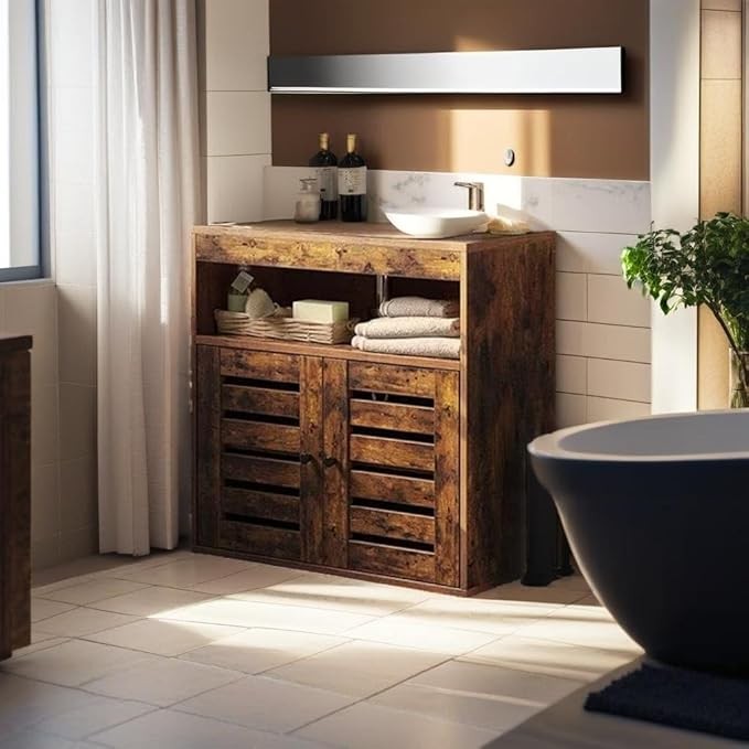 Rustic Brown Under Sink Bathroom Cabinet Wooden Storage Unit