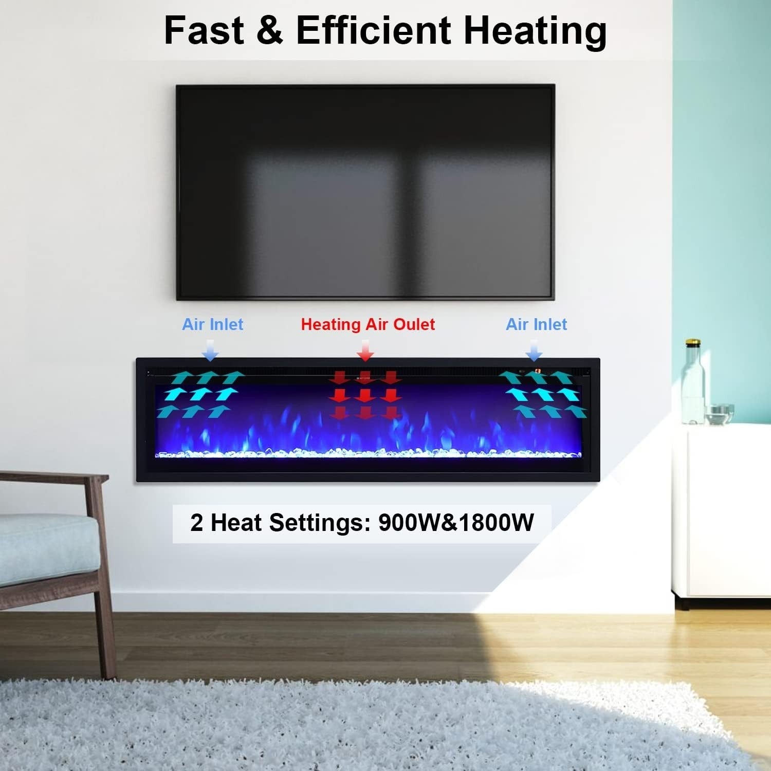 60" LED Electric Wall Fireplace Remote 9 Colour Flame Heater 1800W