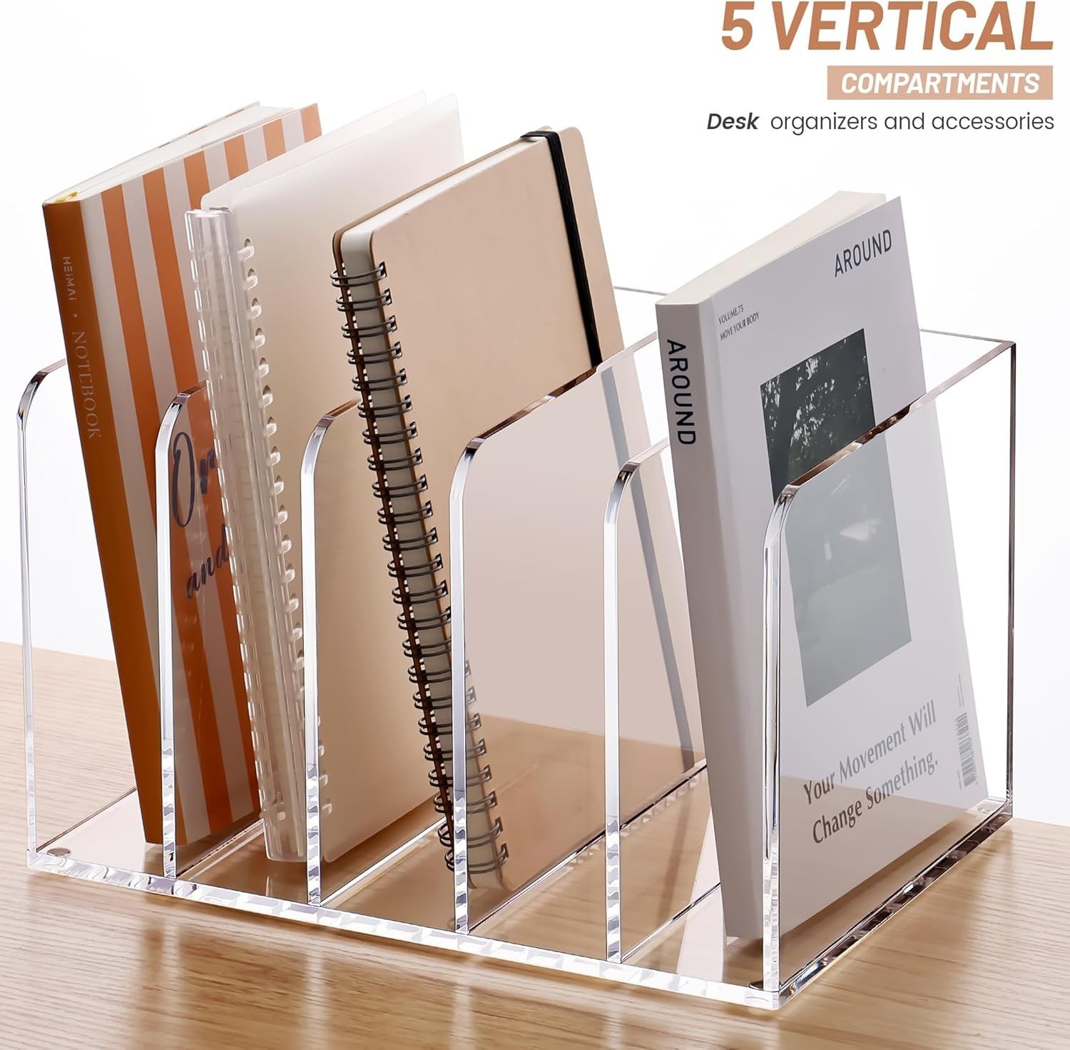Clear Acrylic Desk File Organizer 5 Compartments Magazine Folder Rack
