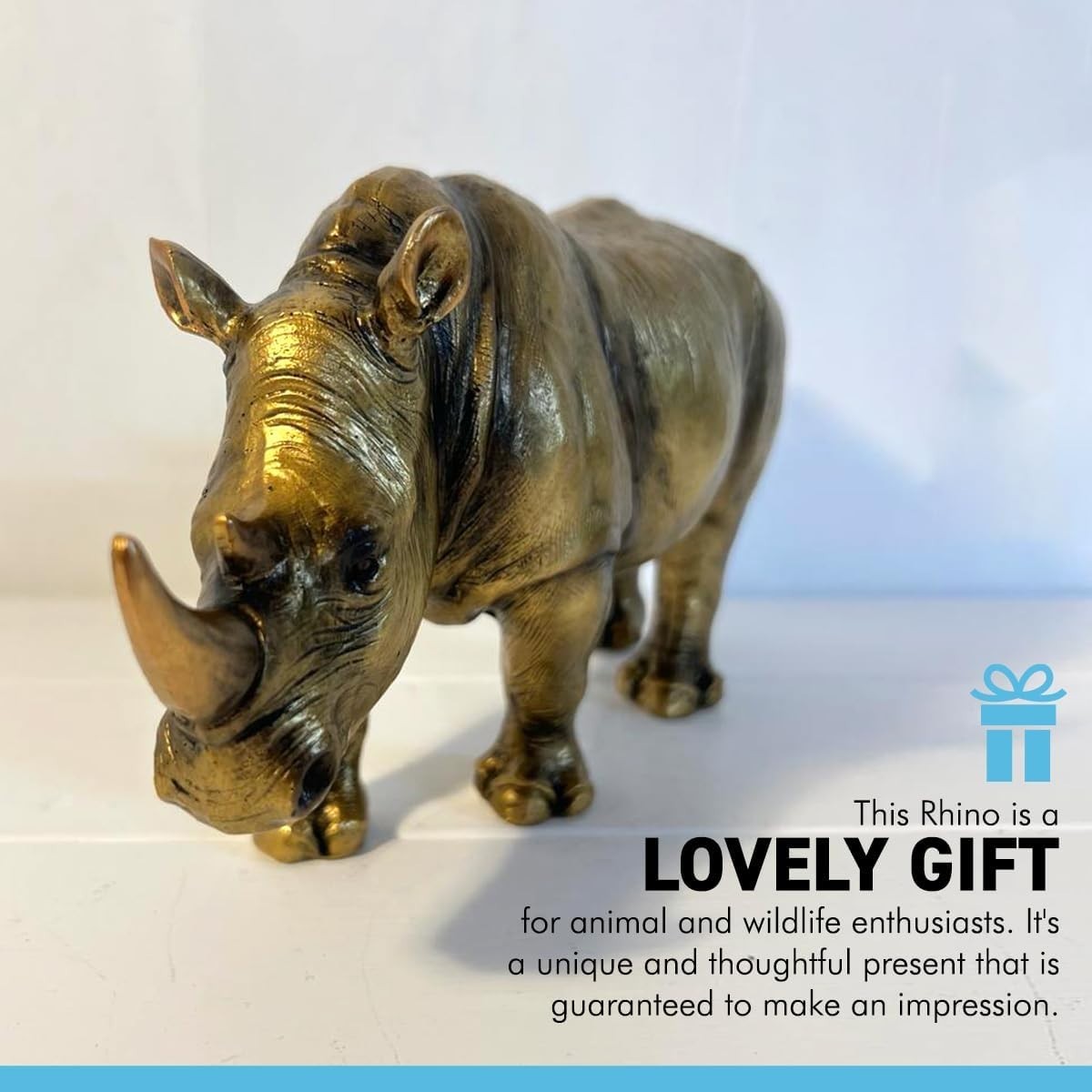 Antique Gold Rhino Ornament | Wildlife Resin Statue 26cm | Luxury Home Decor