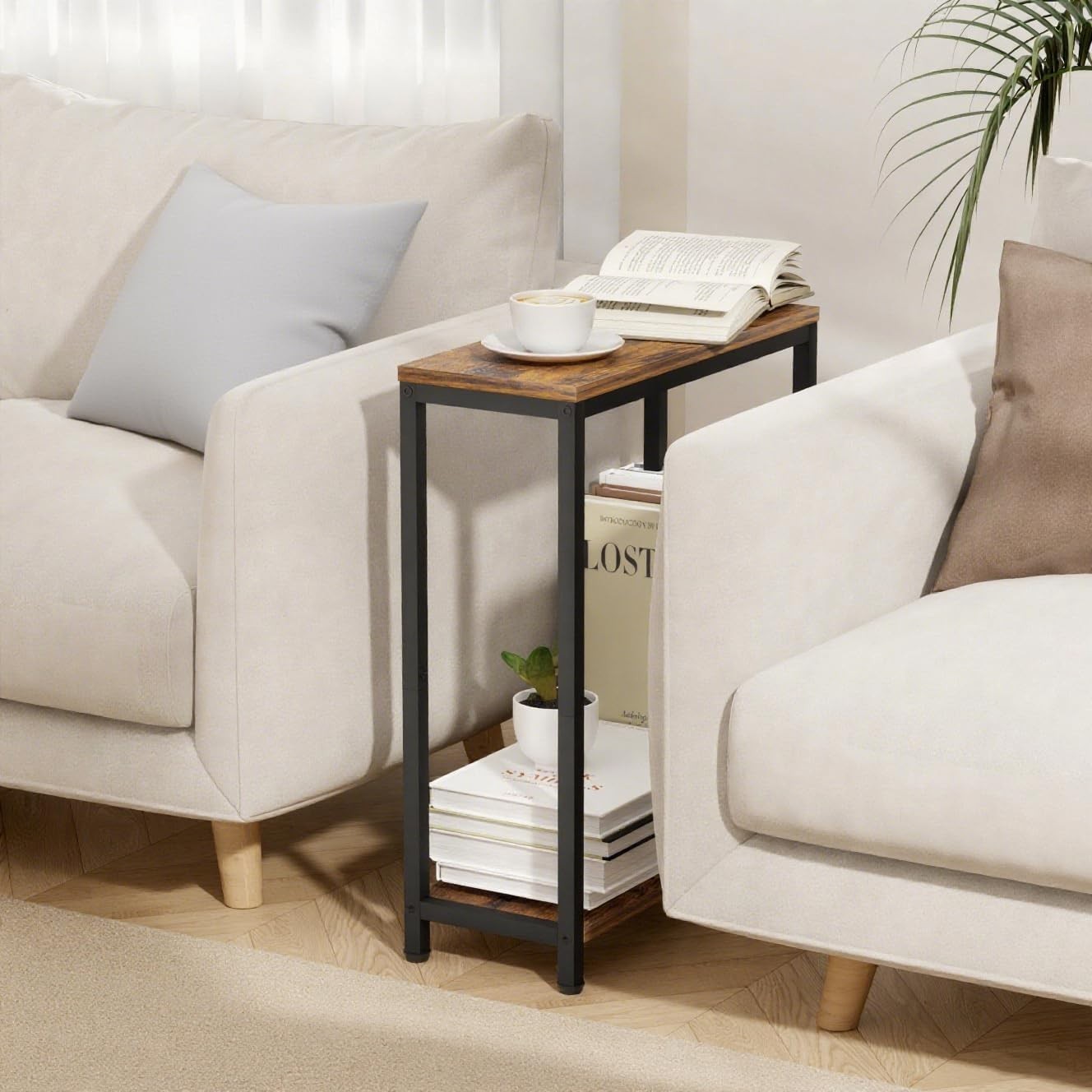 Slim 2-Tier Side Table Narrow End Table for Small Spaces with Wood Shelves