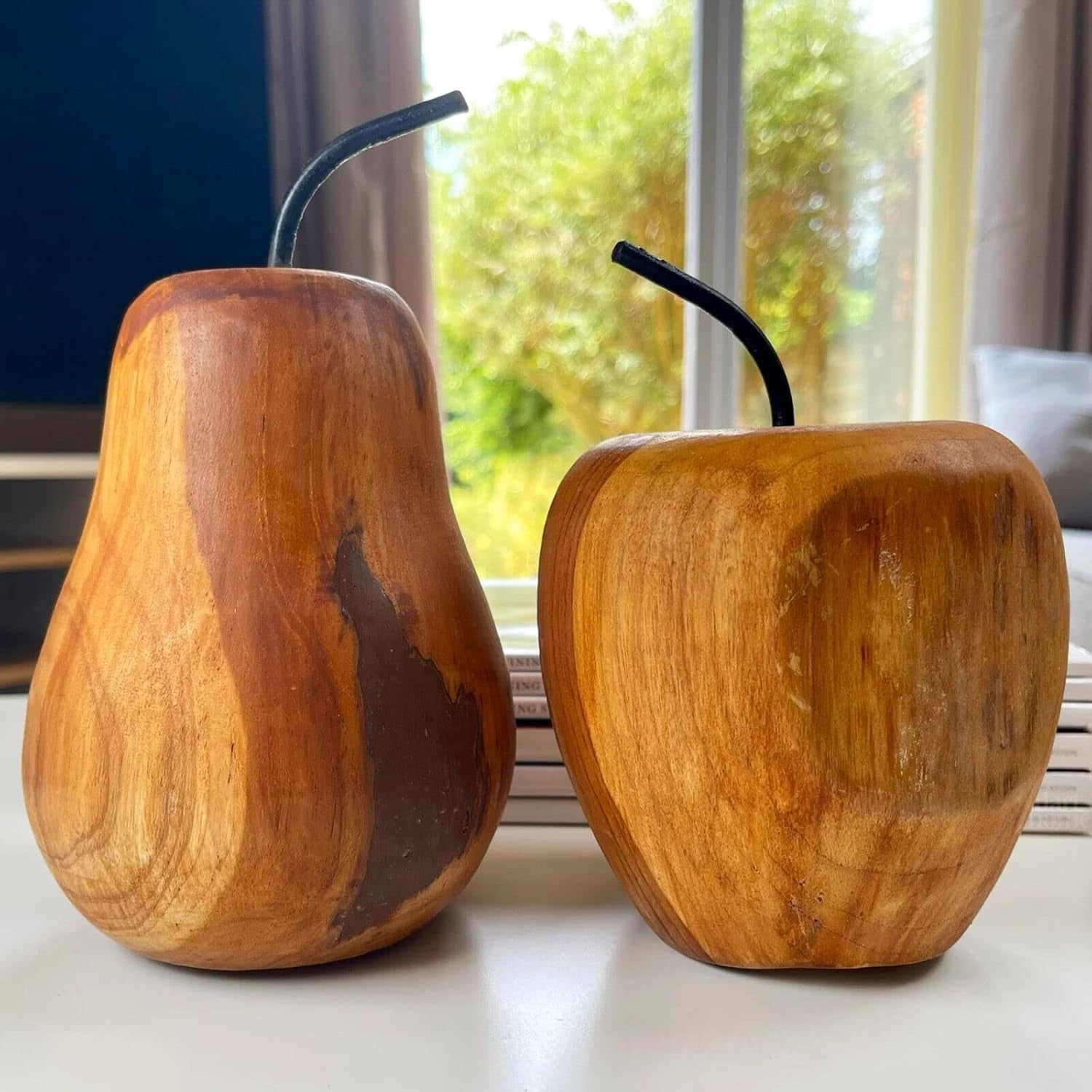 Hand-Carved Teak Wood Apple & Pear Set – Rustic Decorative Fruit Ornaments