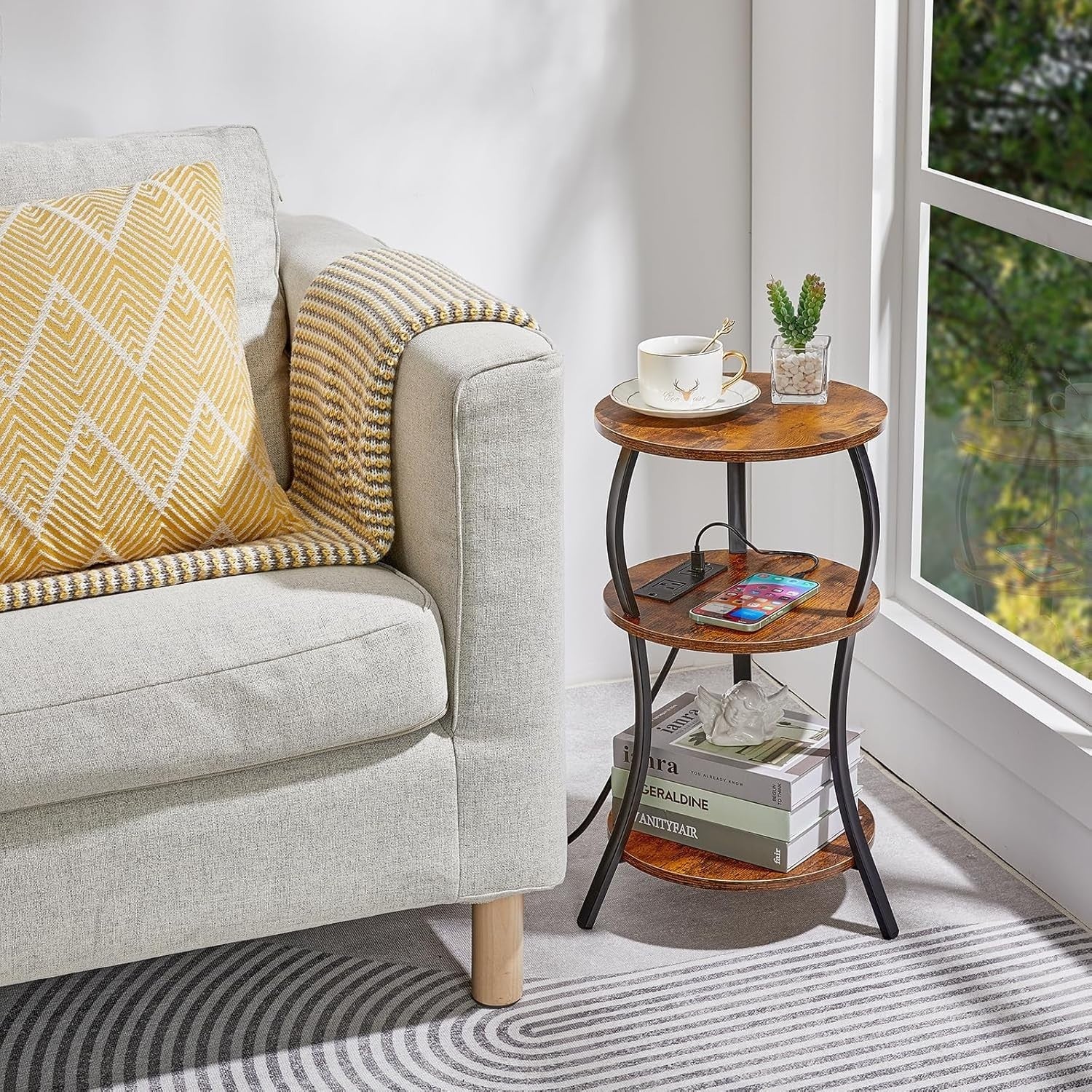Brown 3-Tier Round Side Table 30x30x55 cm | Slim End Table w/ USB & Storage