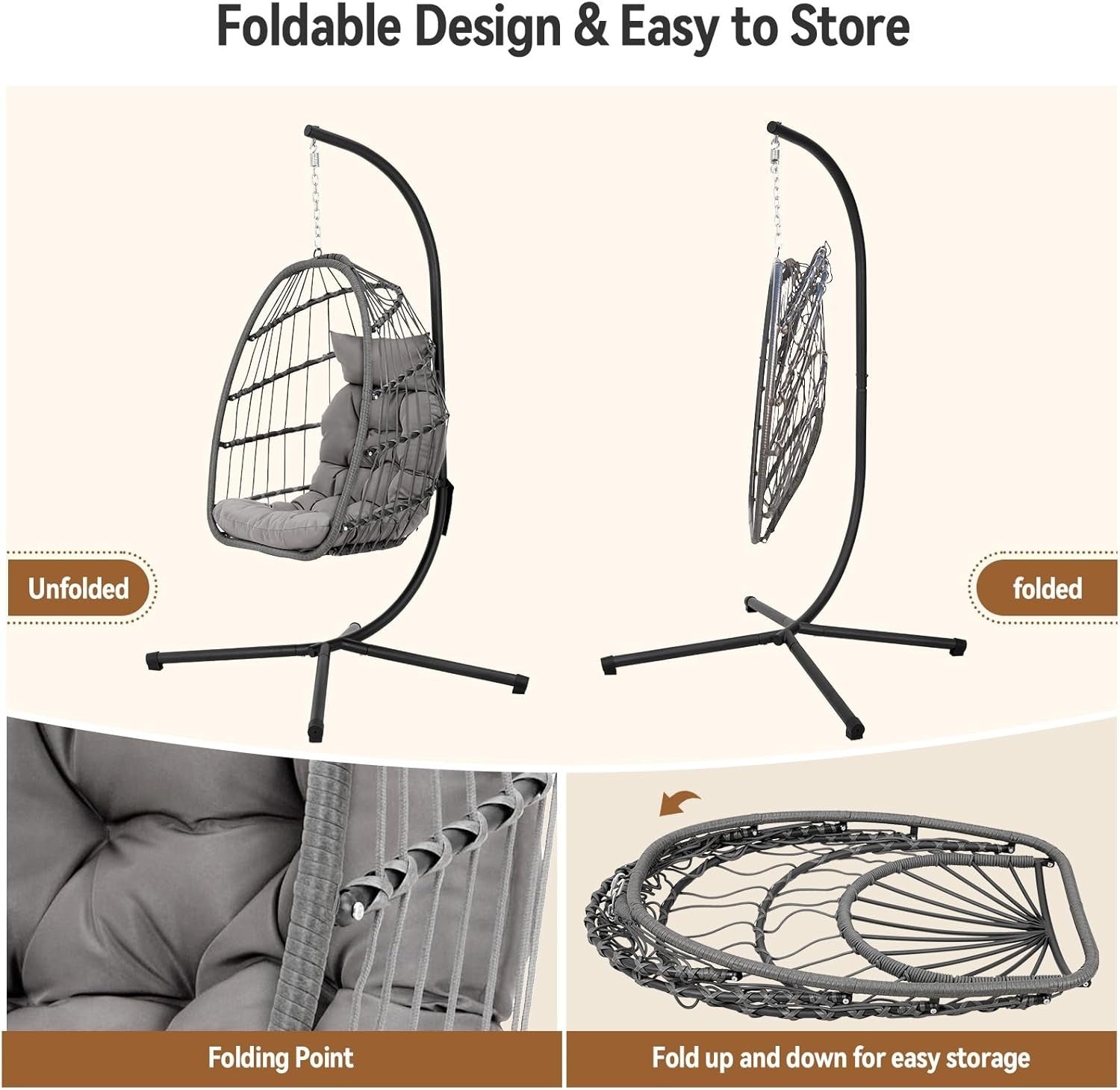 Indoor Outdoor Hanging Egg Chair with Stand Plush Cushion Patio Swing Seat
