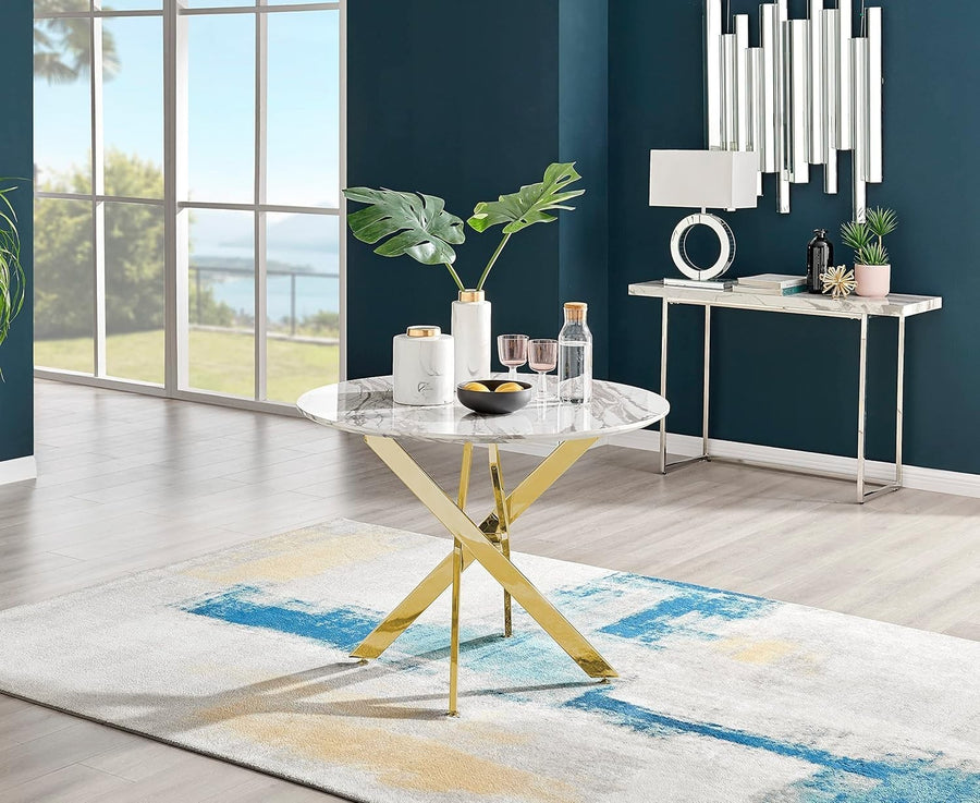 Compact 100cm Round Marble Dining Table with Gold Chrome Legs – Modern