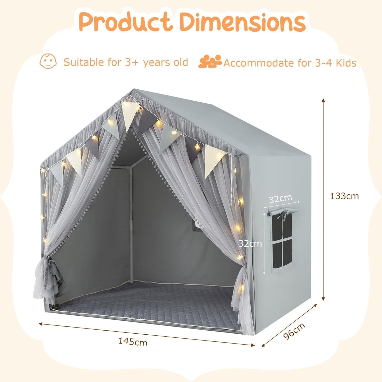 Large Kids Fairy Castle Play Tent Indoor w Mat Lights Windows Gift