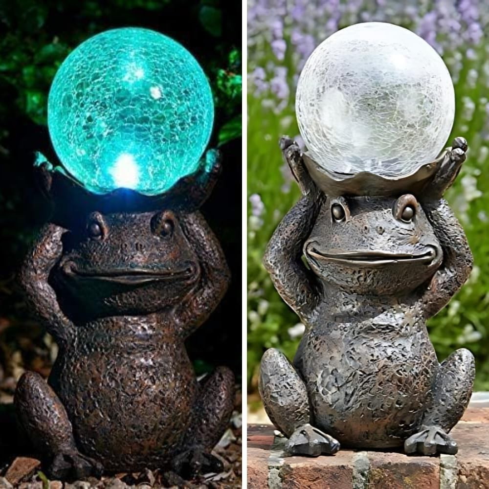 Solar Frog Garden Ornament with Colour Changing LED Globe Outdoor Statue 40cm