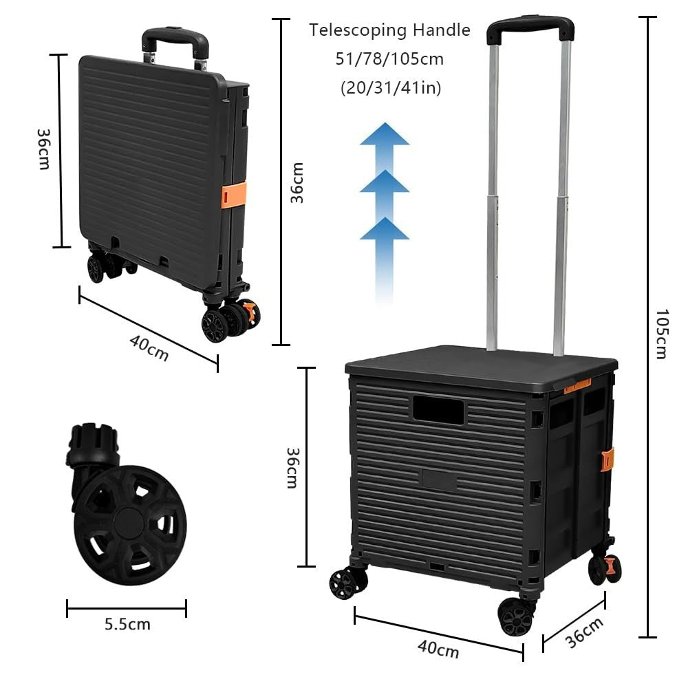 Heavy Duty 50L Folding Shopping Trolley Cart 60KG with 360° Wheels