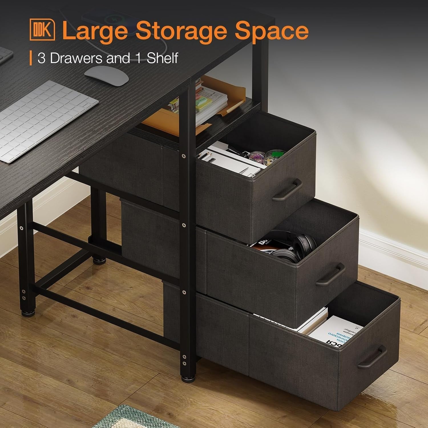 Black 120cm Computer Desk with Drawers, USB Ports & Power Sockets Office Table