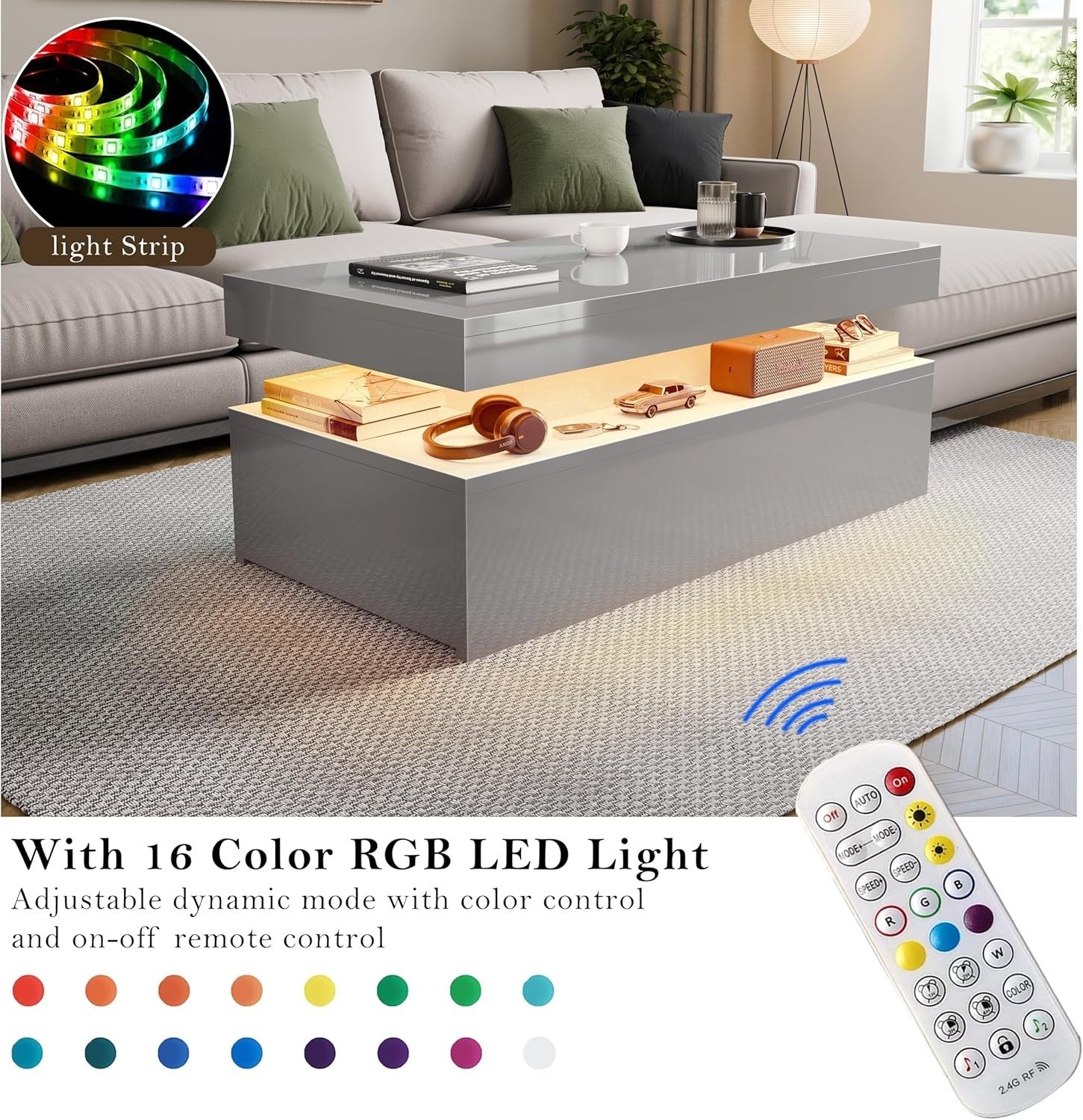 High Gloss Rectangle Coffee Table with 2 Drawers & RGB LED Lights 94x47x38cm