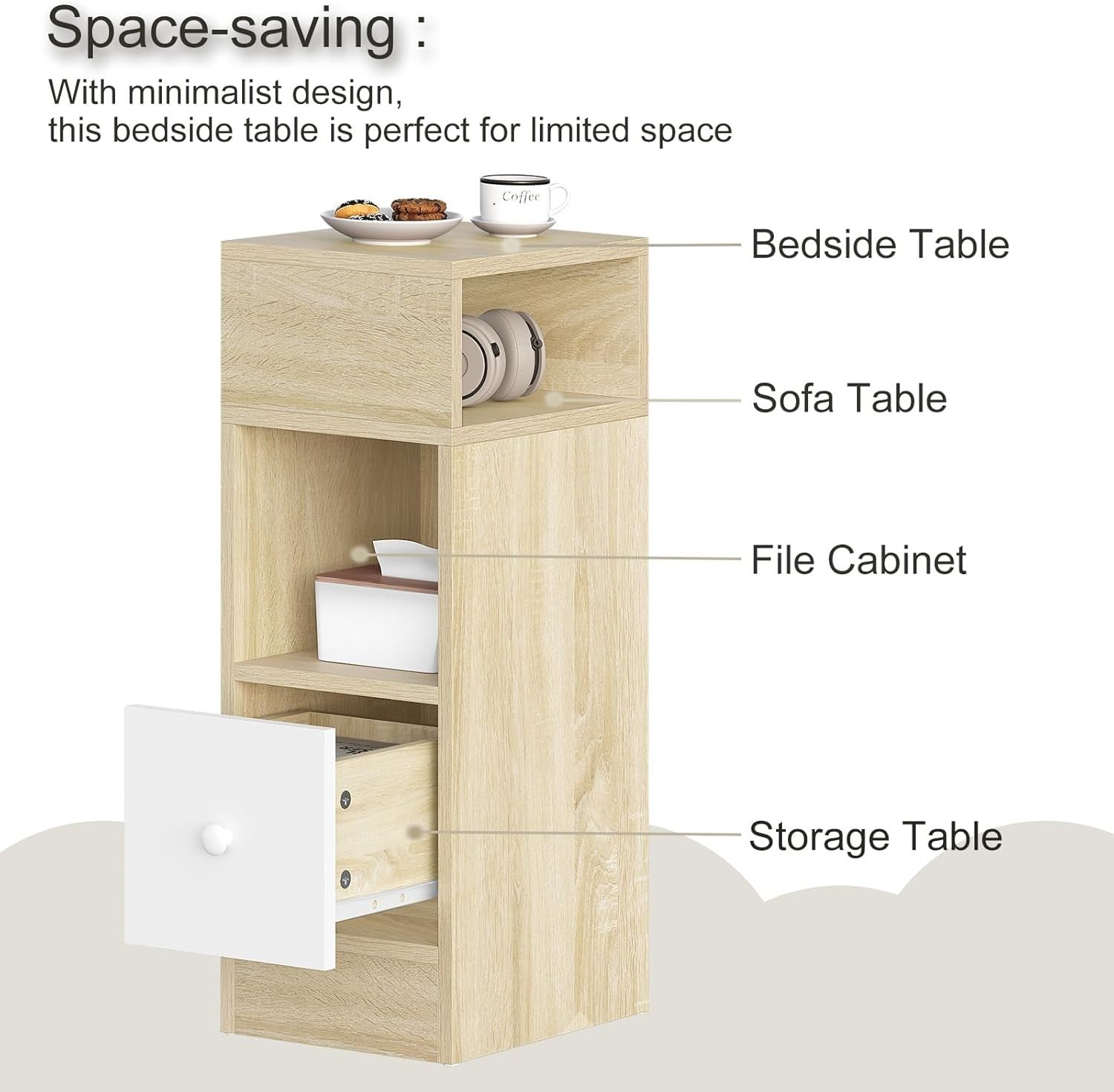 Set of 2 Light Oak Slim Bedside Tables with Drawer & Shelves 25x30x66cm