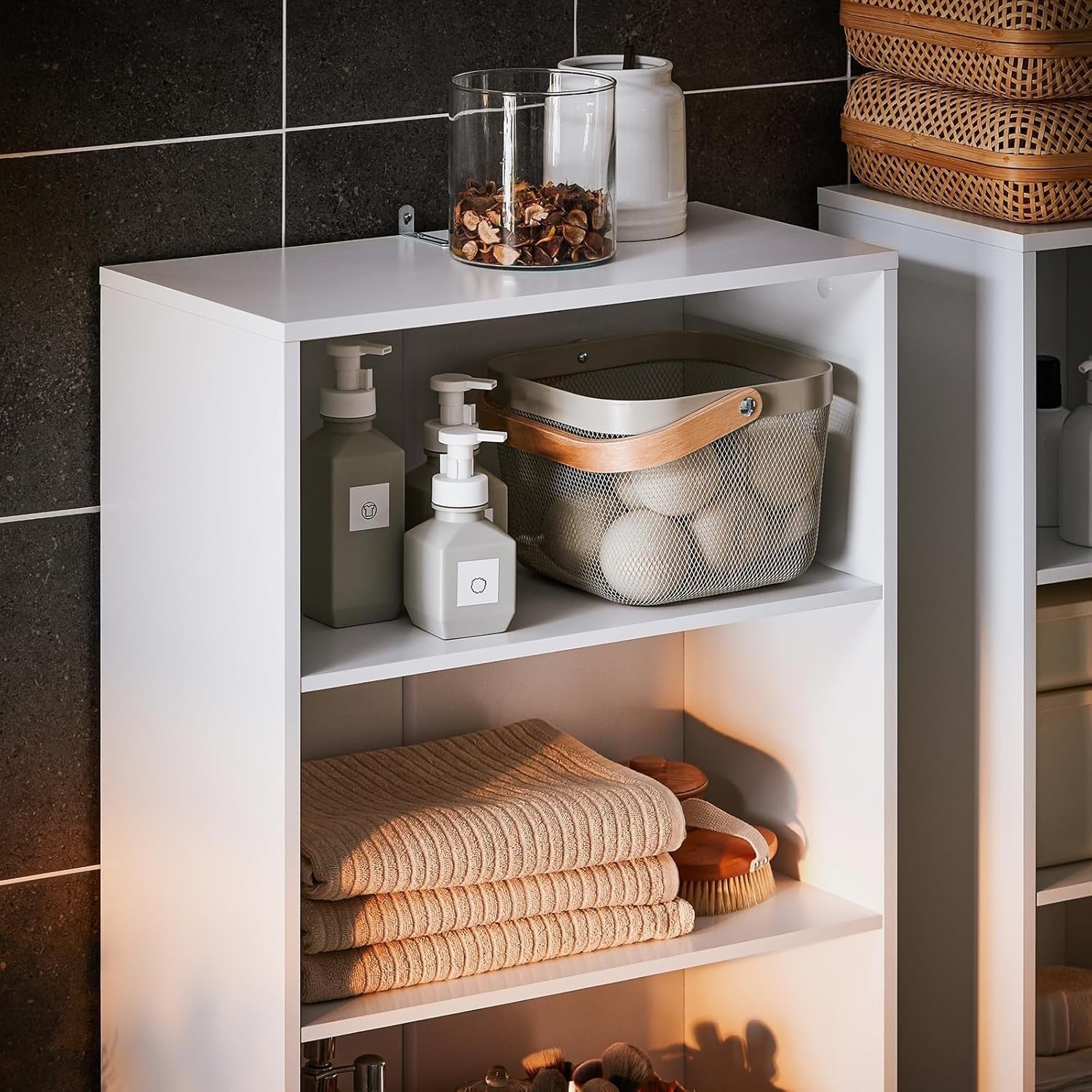 Tall Bathroom Storage Cabinet with Laundry Basket Slim White Unit Shelves 171cm