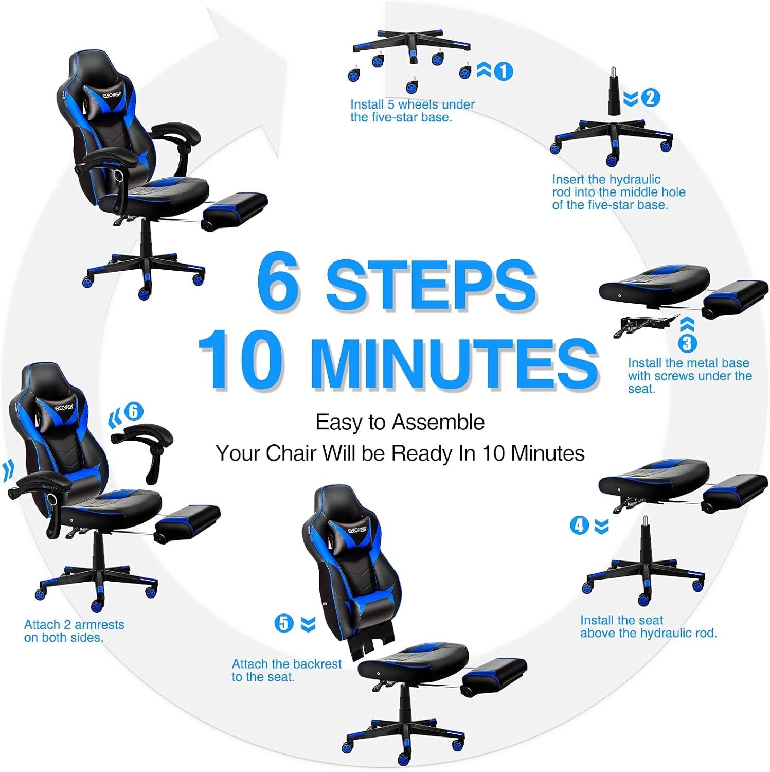 Gaming Chair with Massage & Footrest Reclining Ergonomic Blue