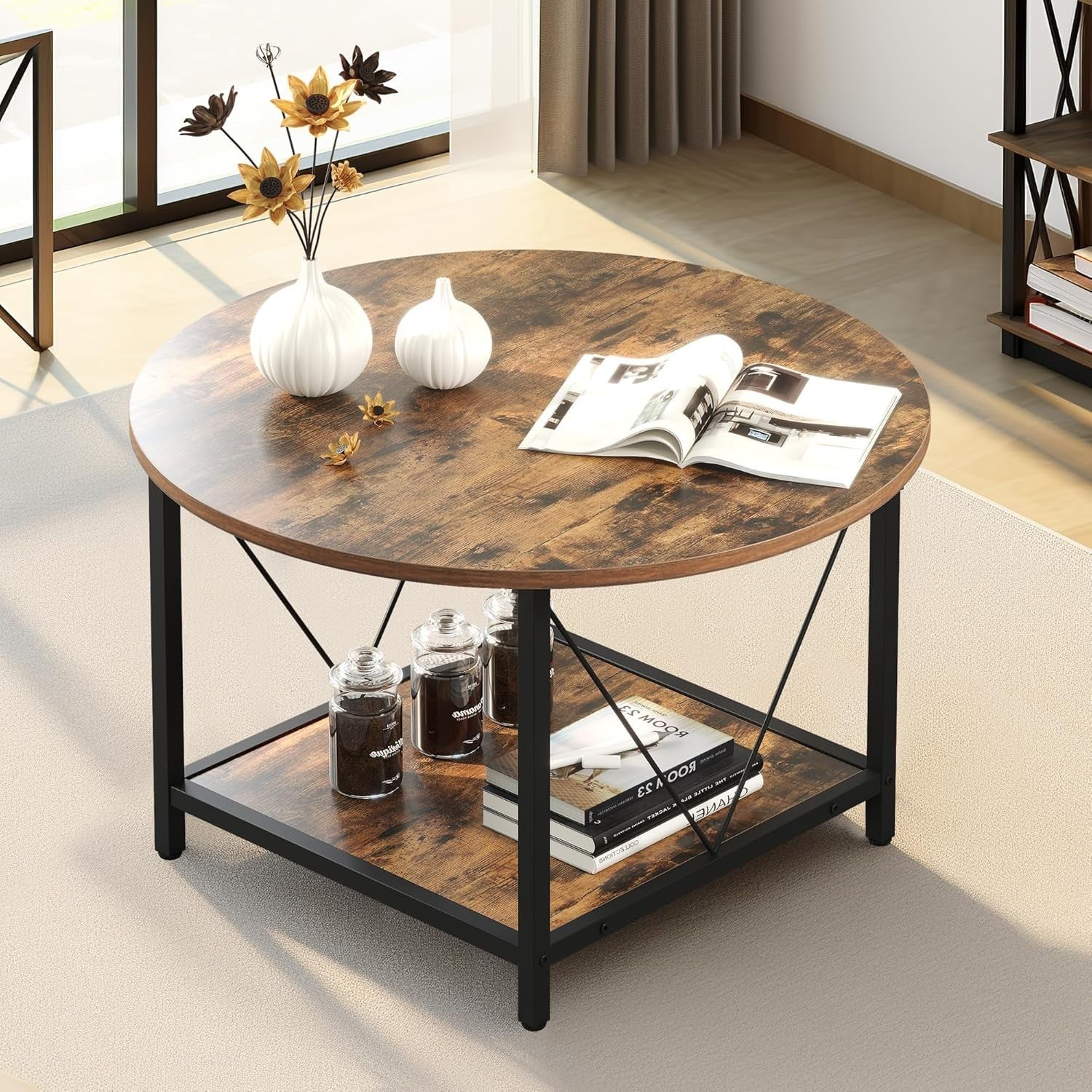 Round Coffee Table with Storage Shelf 80cm Industrial Rustic Metal Legs Brown
