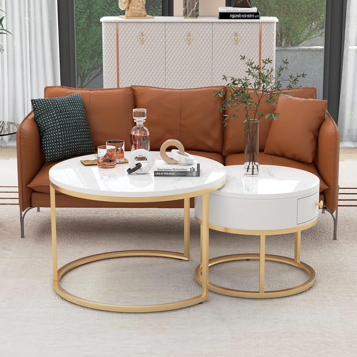 Nest Coffee Table Set 2Pc Round Faux Marble Gold Metal Frame Adjustable Storage
