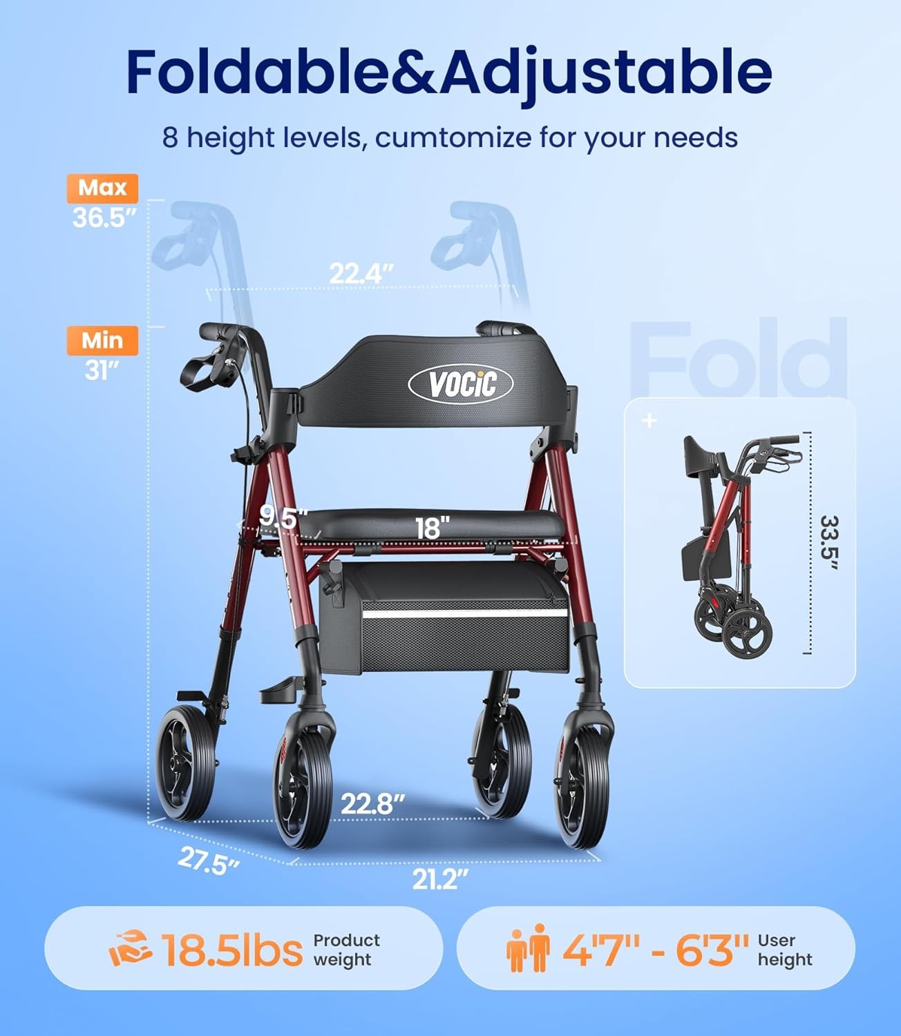 4 Wheel Rollator Walker with Seat Big Wheels Folding Adjustable Height