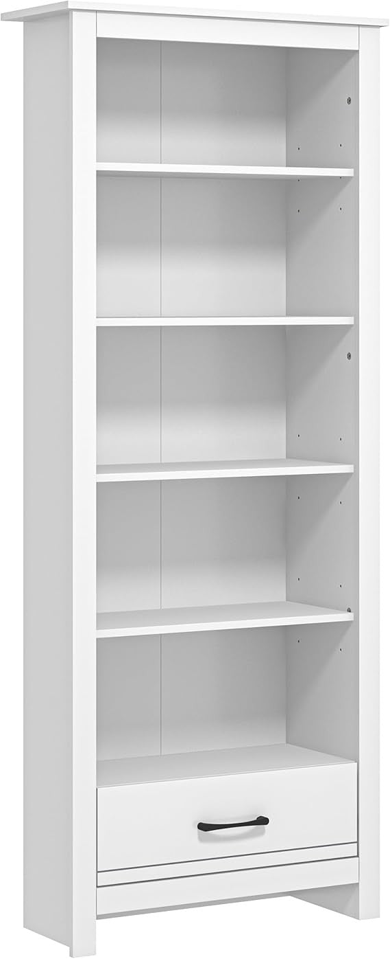 Tall 5 Tier White Bookcase with Drawer – Modern Storage Shelves for Home Office