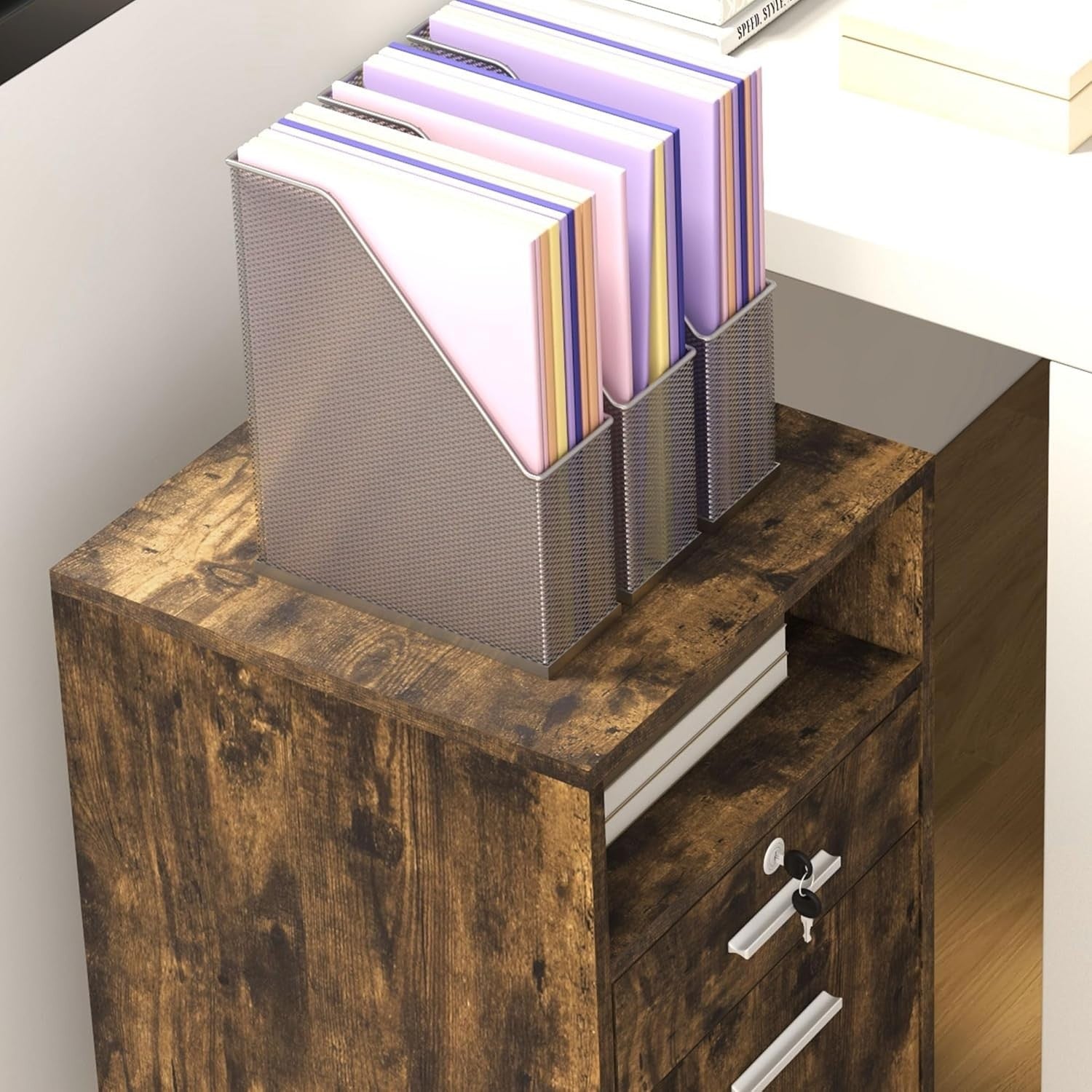 Rustic Brown Mobile File Cabinet 39x40x65cm Lockable A4 Letter