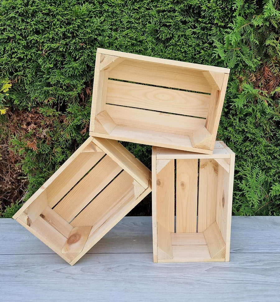 3-Piece Natural Wooden Storage Crates Organizer 30x20x15cm Durable